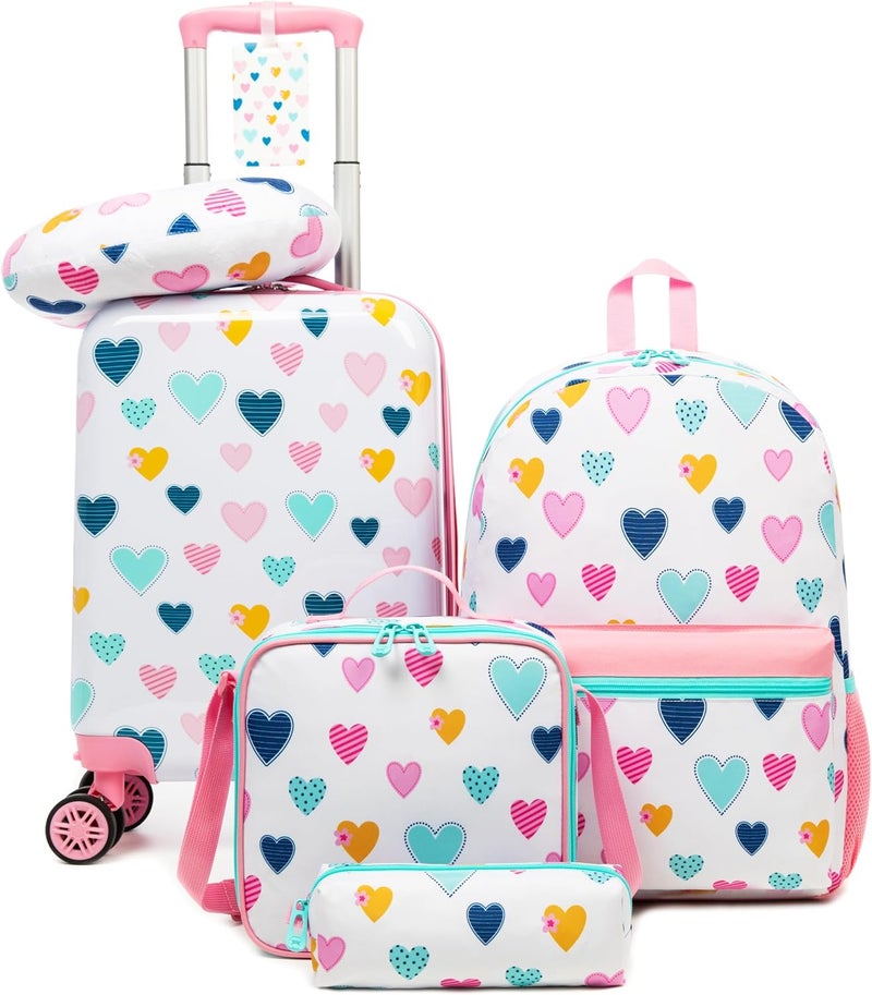 Esteemly Kid's Luggage Set 5 Piece Suitcase Set 16" Hardside Luggage with Spinner Wheels Girls Carry on Toddler Travel Rolling Suitcase with Neck Pillow Airline Approved - Image 1